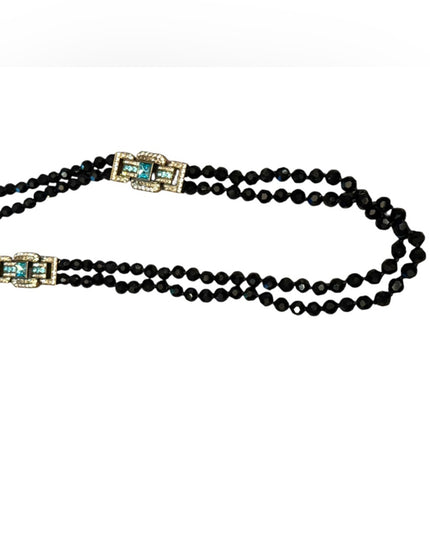 Elegant Black Crystal Beaded Necklace With Large blue Accents 2 strand