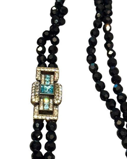Elegant Black Crystal Beaded Necklace With Large blue Accents 2 strand