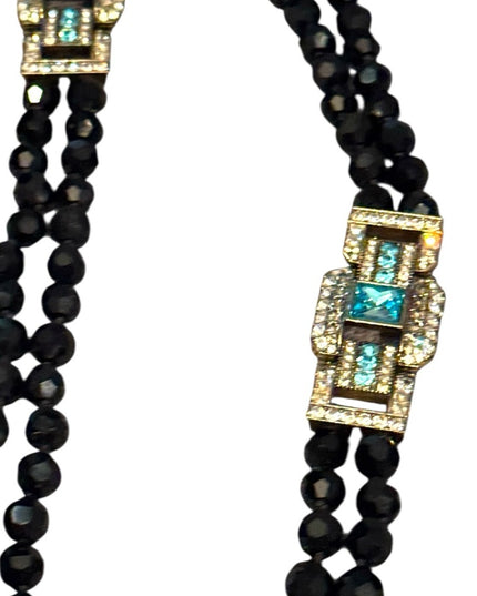 Elegant Black Crystal Beaded Necklace With Large blue Accents 2 strand