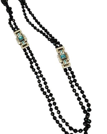 Elegant Black Crystal Beaded Necklace With Large blue Accents 2 strand