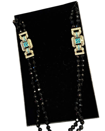 Elegant Black Crystal Beaded Necklace With Large blue Accents 2 strand