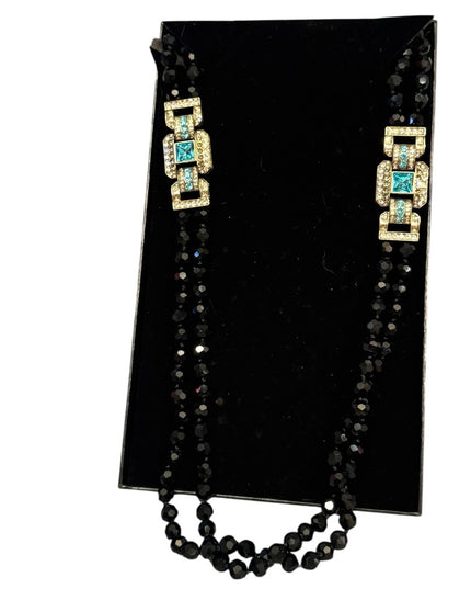 Elegant Black Crystal Beaded Necklace With Large blue Accents 2 strand