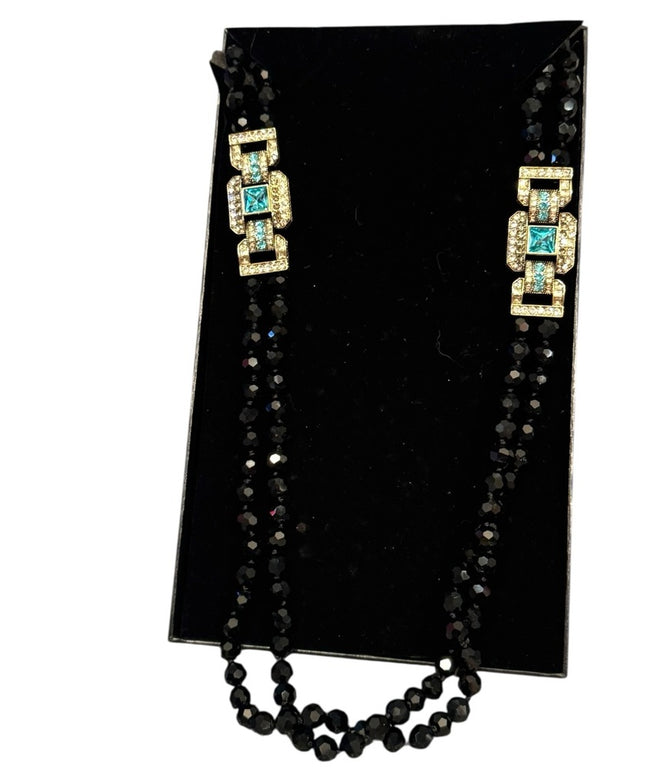 Elegant Black Crystal Beaded Necklace With Large blue Accents 2 strand