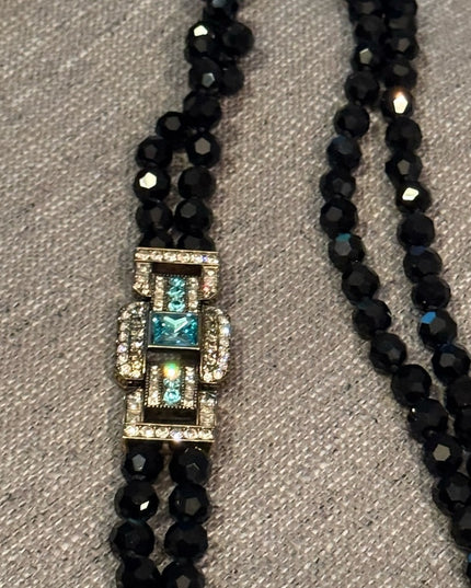 Elegant Black Crystal Beaded Necklace With Large blue Accents 2 strand