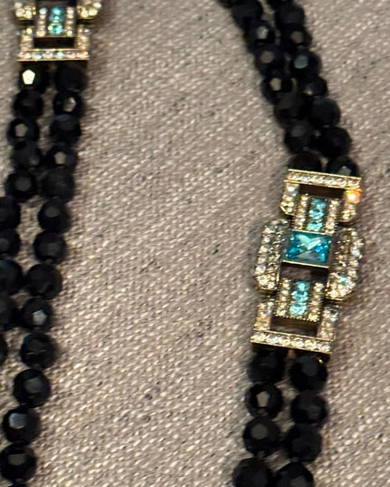 Elegant Black Crystal Beaded Necklace With Large blue Accents 2 strand