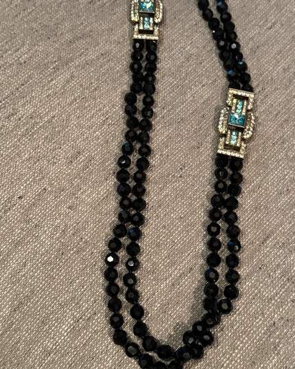 Elegant Black Crystal Beaded Necklace With Large blue Accents 2 strand