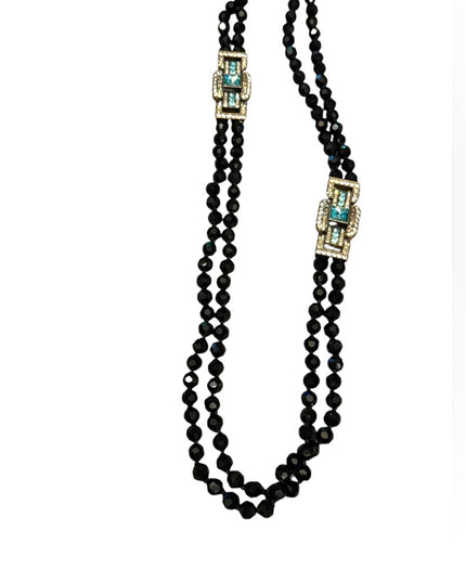 Elegant Black Crystal Beaded Necklace With Large blue Accents 2 strand