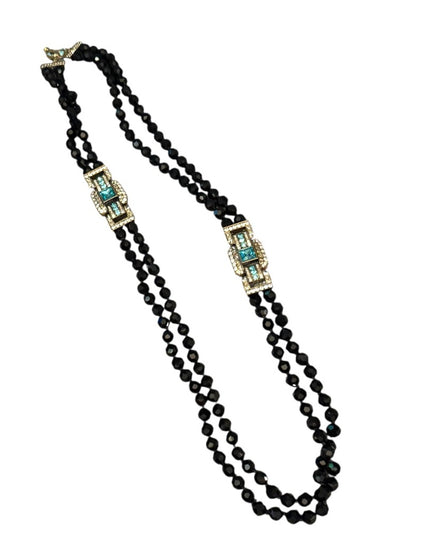Elegant Black Crystal Beaded Necklace With Large blue Accents 2 strand