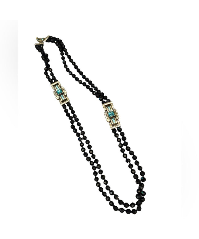 Elegant Black Crystal Beaded Necklace With Large blue Accents 2 strand