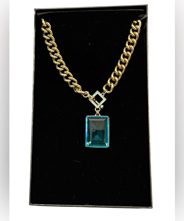 Elegant HEIDI DAUS HOT ROCKS BLUE Crystal Gold Pave Runway Pendant Necklace