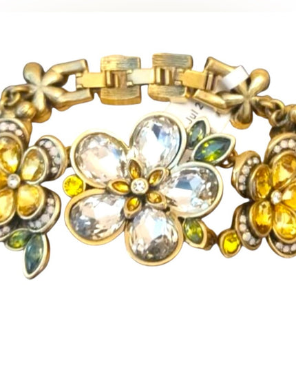 Heidi Daus 3 Flower Floral Gold and Yellow Bracelet Crystal Pave