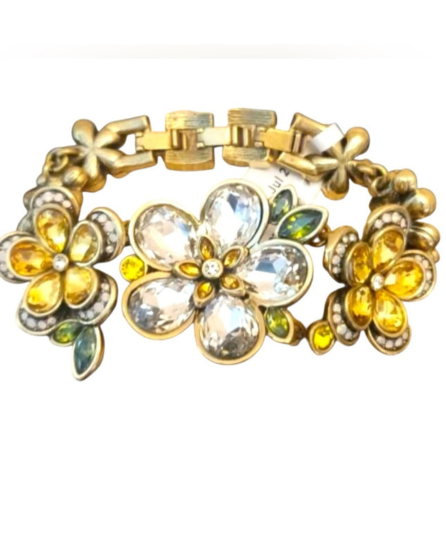 Heidi Daus 3 Flower Floral Gold and Yellow Bracelet Crystal Pave