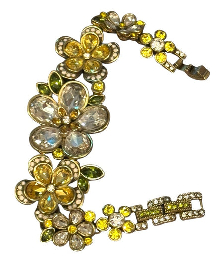 Heidi Daus 3 Flower Floral Gold and Yellow Bracelet Crystal Pave