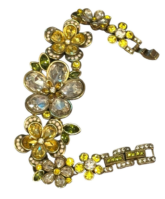Heidi Daus 3 Flower Floral Gold and Yellow Bracelet Crystal Pave