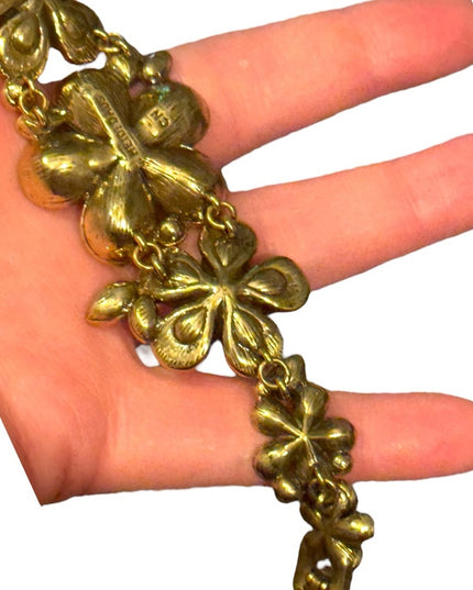 Heidi Daus 3 Flower Floral Gold and Yellow Bracelet Crystal Pave