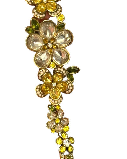 Heidi Daus 3 Flower Floral Gold and Yellow Bracelet Crystal Pave