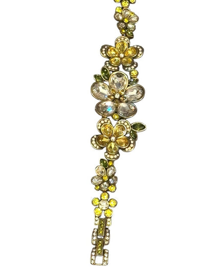 Heidi Daus 3 Flower Floral Gold and Yellow Bracelet Crystal Pave