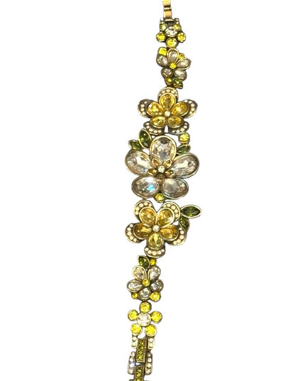 Heidi Daus 3 Flower Floral Gold and Yellow Bracelet Crystal Pave
