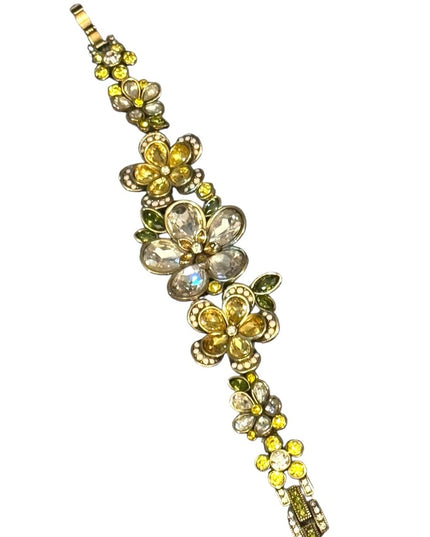 Heidi Daus 3 Flower Floral Gold and Yellow Bracelet Crystal Pave