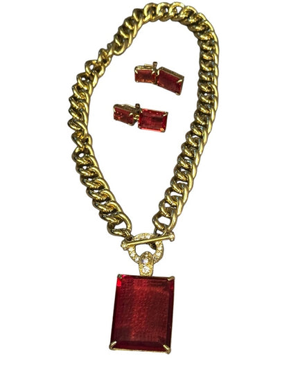 Heidi Daus HOT ROCKS Necklace & Earrings NIB Red Elegant Gold Pave Jewelry NEW