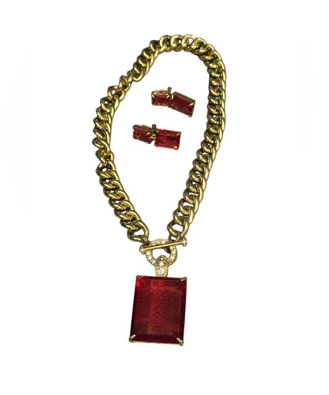 Heidi Daus HOT ROCKS Necklace & Earrings NIB Red Elegant Gold Pave Jewelry NEW