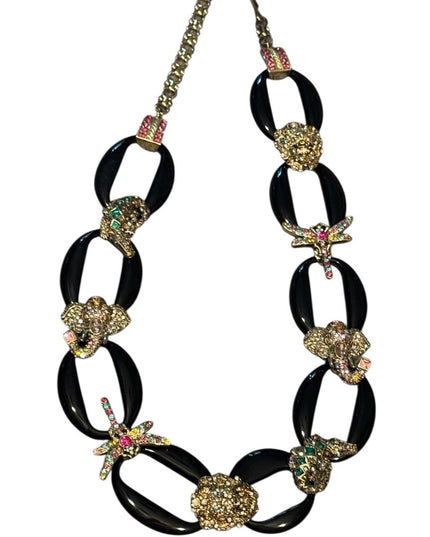RARE Black Bakelite Styled Gold Pave Critter Necklace Crystal Accents Heidi Daus