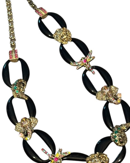 RARE Black Bakelite Styled Gold Pave Critter Necklace Crystal Accents Heidi Daus