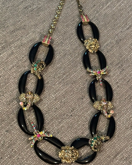 RARE Black Bakelite Styled Gold Pave Critter Necklace Crystal Accents Heidi Daus