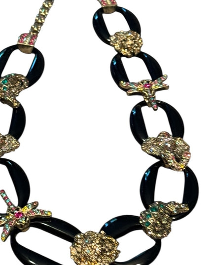 RARE Black Bakelite Styled Gold Pave Critter Necklace Crystal Accents Heidi Daus