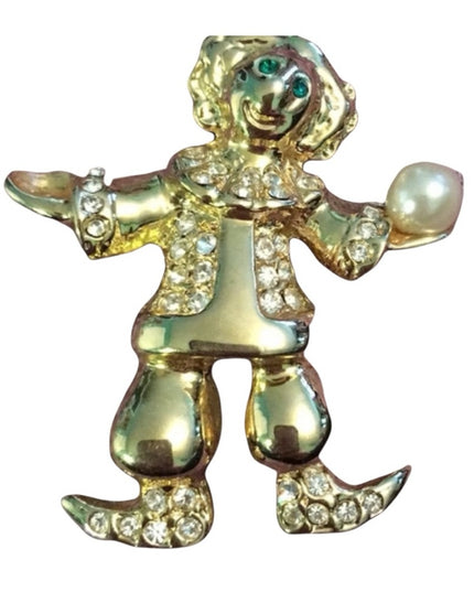 Vintage Gold tone clown juggler crystal pave brooch