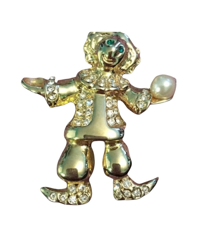 Vintage Gold tone clown juggler crystal pave brooch