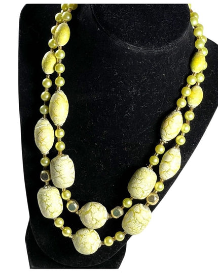 Vintage 1950s Fancy Pale lime green ornate  Large faux pearl 2 strand necklace