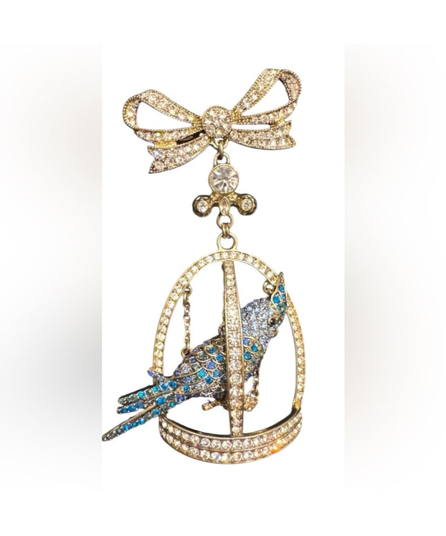 Heidi Daus Cockatiel Pave Crystal Bird Pin Clear Blue Bird Cage Pave Bro…