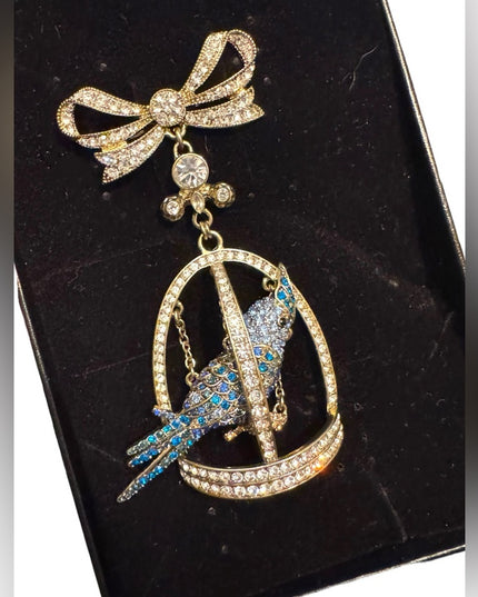 Heidi Daus Cockatiel Pave Crystal Bird Pin Clear Blue Bird Cage Pave Bro…