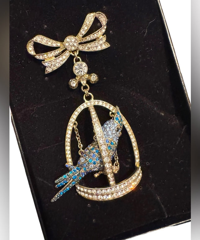 Heidi Daus Cockatiel Pave Crystal Bird Pin Clear Blue Bird Cage Pave Bro…