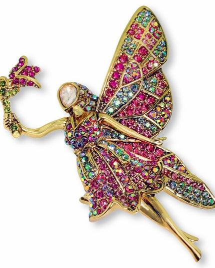 Elegant Heidi Daus Gold and Pink Forest Fairy Pave Brooch