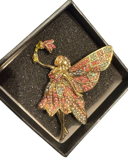Elegant Heidi Daus Gold and Pink Forest Fairy Pave Brooch