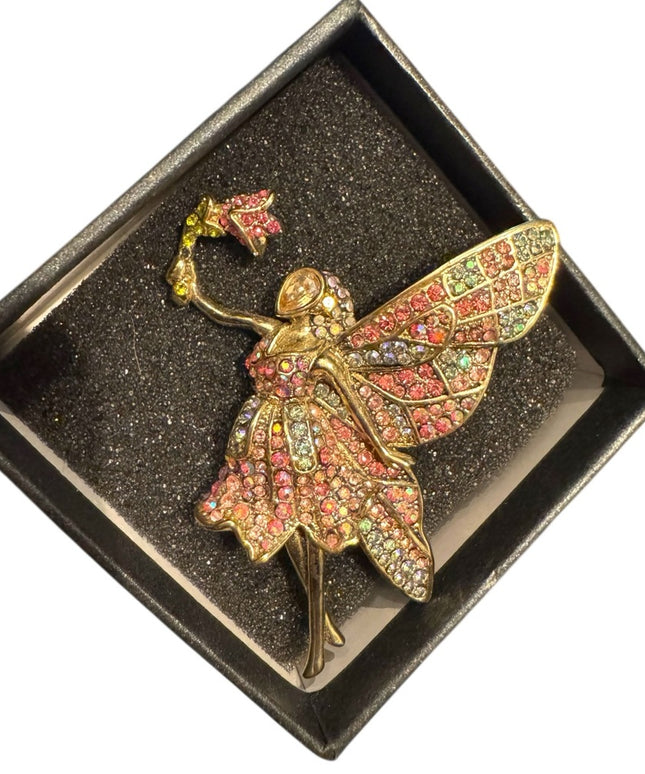 Elegant Heidi Daus Gold and Pink Forest Fairy Pave Brooch
