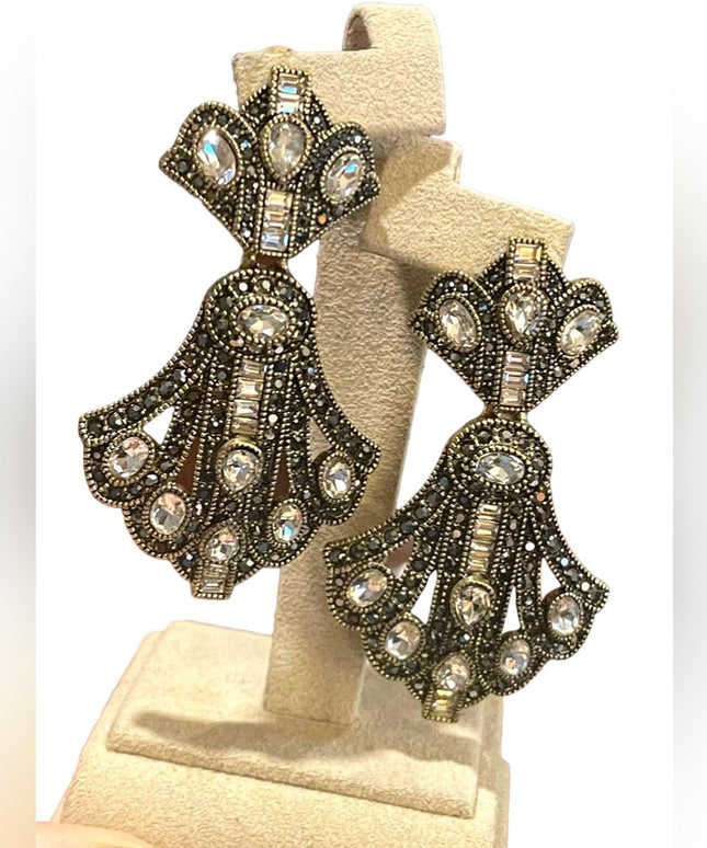Retired Heidi Daus Art Deco dangle Royal Earrings clear & black crystals…
