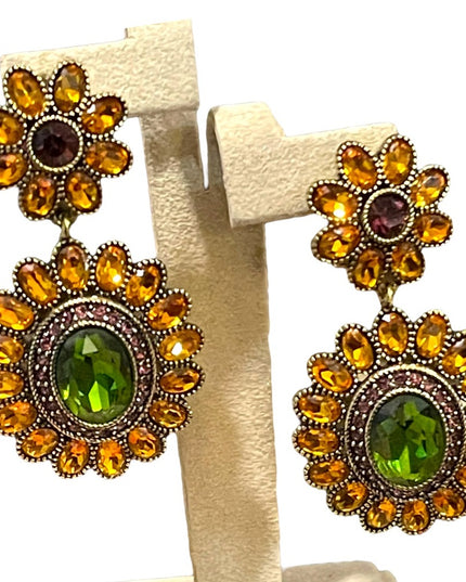 Retired Heidi Daus amber & peridot crystal Ottoman antiqued brassy earri…