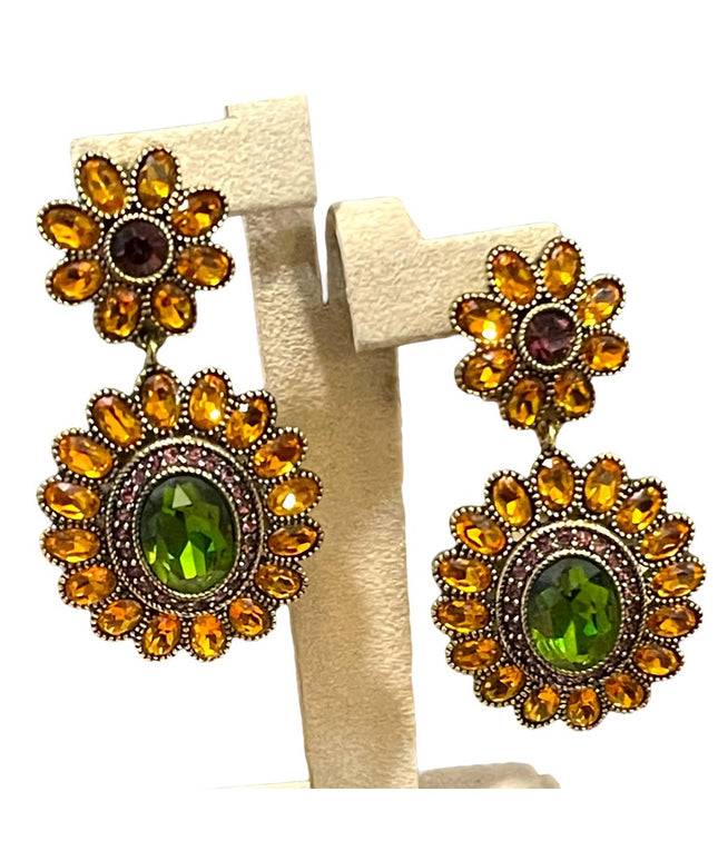 Retired Heidi Daus amber & peridot crystal Ottoman antiqued brassy earri…