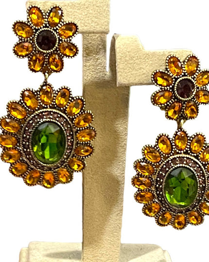 Retired Heidi Daus amber & peridot crystal Ottoman antiqued brassy earri…