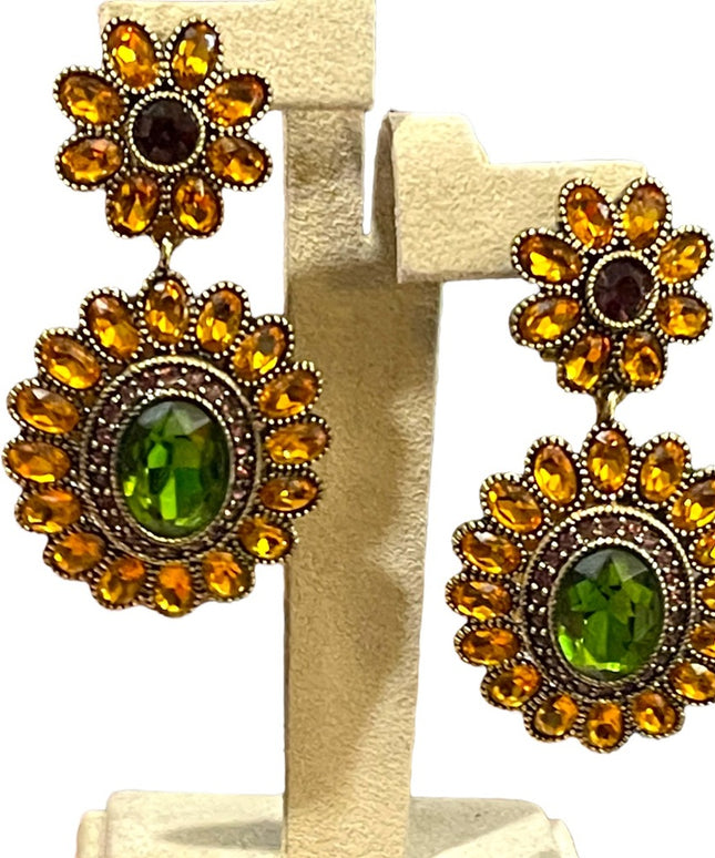 Retired Heidi Daus amber & peridot crystal Ottoman antiqued brassy earri…