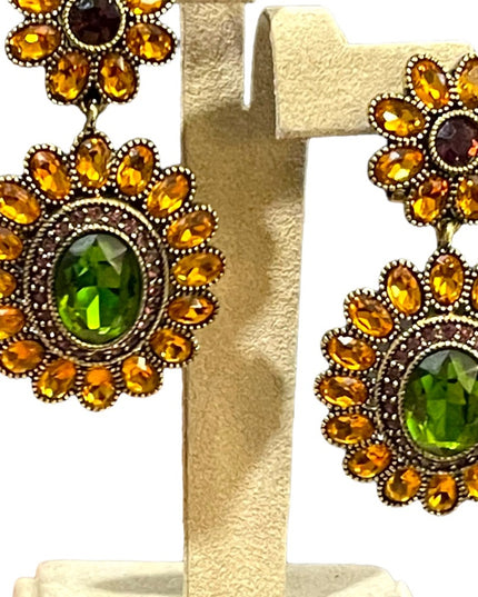 Retired Heidi Daus amber & peridot crystal Ottoman antiqued brassy earri…