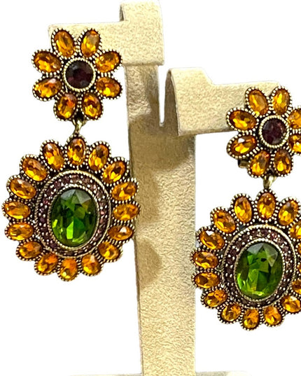 Retired Heidi Daus amber & peridot crystal Ottoman antiqued brassy earri…