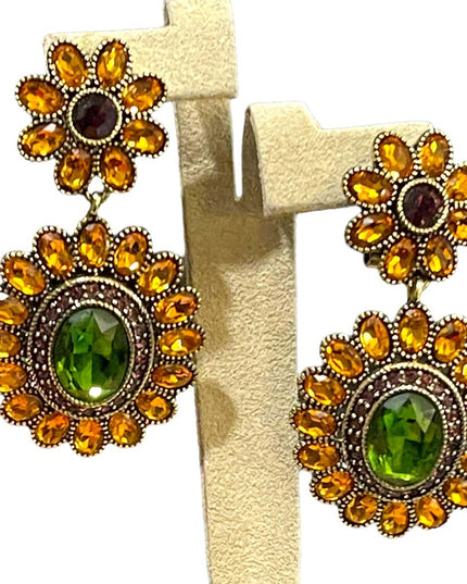 Retired Heidi Daus amber & peridot crystal Ottoman antiqued brassy earri…