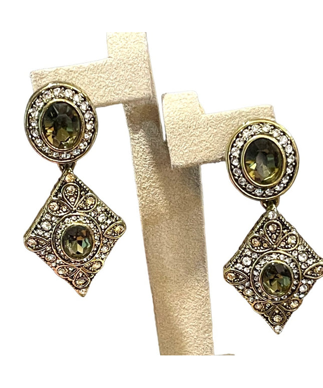 Retired Heidi Daus antiqued brassy finish peridot green & clear crystal …