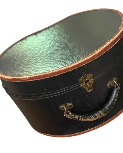 Antique 1800s Black Leather Hat box & 3 Small Hats
