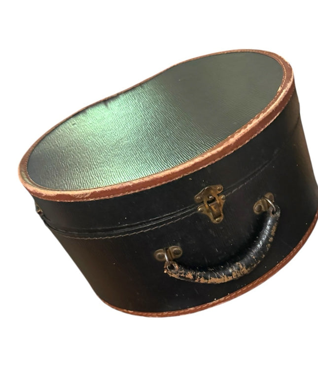 Antique 1800s Black Leather Hat box & 3 Small Hats