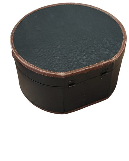 Antique 1800s Black Leather Hat box & 3 Small Hats